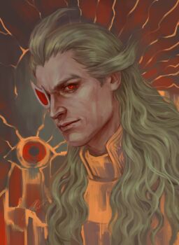 1boy ahoge cloak closed_mouth commentary ghetsis_(pokemon) green_hair long_hair looking_at_viewer male_focus nintendo omurizer pokemon pokemon_bw red_eyes scouter solo upper_body