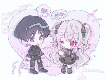 1boy 1girl alternate_costume arms_at_sides artist_request asymmetrical_legwear black_bow black_dress black_hair black_pants black_shirt black_shoes black_sleeves blunt_ends bow cellphone character_print character_profile chibi chinese_text circle_hands closed_mouth clothing_request collared_shirt colored_eyelashes commission commissioner_insert contemporary couple cross-laced_shoes crossed_bangs detached_sleeves dress dress_bow footwear_bow frilled_dress frilled_sleeves frills genshin_impact ghost grey_hair grey_socks grey_thighhighs hair_between_eyes hair_bow hair_intakes hayami_momo_(hayamimomo) heart heart_background hetero holding holding_phone layered_shirt layered_sleeves long_hair long_sleeves mole mole_under_eye multicolored_hair oc_x_canon one_eye_closed open_mouth original pants phone pink_bow pink_eyes plaid_clothes plaid_shirt purple_eyes purple_shirt purple_sleeves scaramouche_(genshin_impact) second-party_source shirt shoes short_over_long_sleeves short_sleeves socks spoken_emoji spoken_heart streaked_hair thighhighs translation_request two_side_up very_long_hair wispy_bangs
