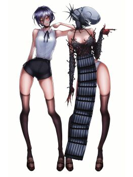 2girls apron black_apron black_hair black_ribbon bomb_devil_(chainsaw_man) breasts brown_thighhighs chainsaw_man closed_mouth collared_shirt dynamite explosive full_body green_eyes hair_between_eyes highres loafers medium_breasts multiple_girls neck_ribbon object_head padivv panties pointing reze_(chainsaw_man) ribbon shirt shoes short_shorts shorts simple_background sleeveless sleeveless_shirt standing thighhighs underwear white_background white_panties white_shirt