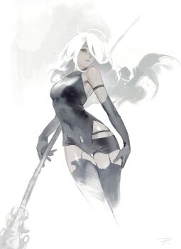 Rule 34 | 1girl, a2 (nier:automata), absurdres, android, black gloves, blue eyes, breasts, commentary, cropped legs, elbow gloves, expressionless, floating hair, gloves, hair over one eye, hand on own thigh, highres, holding, holding staff, long hair, looking at viewer, mole, mole under mouth, nier:automata, nier (series), rrumirumi x, shorts, simple background, single bare shoulder, solo, staff, thighhighs, weapon, white background, white hair
