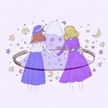 Rule 34 | 2girls, arm behind back, black hat, black skirt, blonde hair, blue background, bow, brown hair, chinese clothes, circle, collared dress, crescent, dress, from behind, fushianatan, hand on own hat, hat, hat bow, highres, holding hands, long sleeves, looking at object, maribel hearn, medium hair, mount fuji, mountain, multiple girls, no headwear, purple dress, retrospective 53 minutes, sash, shirt, skirt, sleeve cuffs, standing, star (symbol), touhou, train, triangle, usami renko, white bow, white sash, white shirt