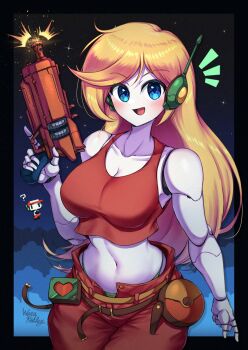 1boy 1girl blonde_hair blue_eyes curly_brace doukutsu_monogatari energy_gun green_panties highres joints long_hair navel panties pants ray_gun red_pants red_tank_top robot_joints solo_focus tank_top underwear wakaba_(wata_ridley) weapon