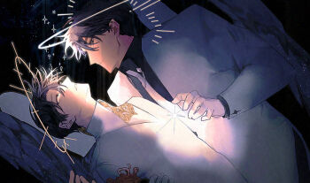 2boys black_eyes black_hair black_shirt black_wings coat crying crying_with_eyes_open feathered_wings glowing hand_on_another&#039;s_back highres kim_dokja leaning_back looking_at_another male_focus multiple_boys necktie omniscient_reader&#039;s_viewpoint paradero_91 rolling_eyes shirt short_hair smile tears white_coat white_necktie white_shirt wings yoo_joonghyuk