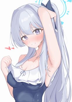 Rule 34 | 1girl, absurdres, arm up, armpits, blue archive, blue halo, blue one-piece swimsuit, blush, breasts, casual one-piece swimsuit, cleavage, collarbone, commentary request, frilled one-piece swimsuit, frills, grey hair, halo, heart, highres, impossible clothes, long hair, looking at viewer, medium breasts, miyako (blue archive), miyako (swimsuit) (blue archive), off-shoulder one-piece swimsuit, off shoulder, official alternate costume, official alternate hairstyle, omgrhr, one-piece swimsuit, ponytail, presenting armpit, purple eyes, simple background, smile, solo, swimsuit, upper body, white background