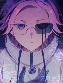 1boy aotsuki_eito artist_name black_gloves blood bloody_tears commentary corrupted_twitter_file crack english_commentary eye_socket eyeball glasses gloves grey_hair highres holding holding_eyeball izumi_481 jacket light_frown looking_at_viewer male_focus purple_eyes short_hair solo split_theme straight-on the_hundred_line_-last_defense_academy- white_jacket
