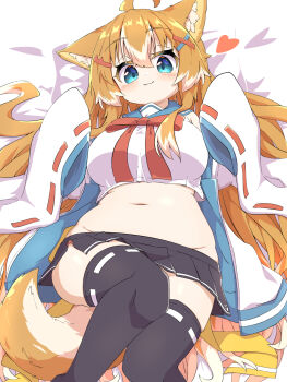 1girl :3 ahoge animal_ear_fluff animal_ears aqua_eyes belly black_skirt black_thighhighs blue_sailor_collar bow bowtie breasts commentary_request cropped_shirt dog_ears dog_girl dog_tail feet_out_of_frame from_above groin hair_between_eyes hair_ornament hairclip haru_(toramaru2001710) heart highres jacket jacket_partially_removed large_breasts light_blush long_hair looking_at_viewer lying miniskirt multicolored_hair navel no_panties on_back open_clothes open_jacket orange_hair original pleated_skirt red_bow red_bowtie red_ribbon ribbon ribbon-trimmed_sleeves ribbon-trimmed_thighhighs ribbon_trim sailor_collar shirt side_slit sidelocks skirt sleeveless sleeveless_shirt sleeves_past_fingers sleeves_past_wrists smile solo tail thighhighs toramaru2001710 two-tone_hair very_long_hair white_hair white_jacket white_shirt wide_sleeves x_hair_ornament zettai_ryouiki