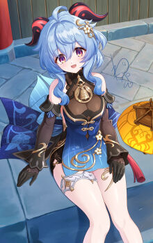 1girl :d absurdres ahoge bare_shoulders black_gloves black_sleeves blue_hair breasts commentary_request detached_sleeves dress ganyu_(genshin_impact) ganyu_(twilight_blossom)_(genshin_impact) genshin_impact gloves hair_between_eyes hand_on_own_thigh highres long_hair long_sleeves medium_breasts official_alternate_costume open_mouth purple_eyes signature sitting sleeveless sleeveless_dress smile tassel watayoshi_(suiiho)