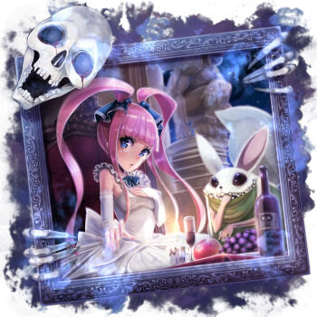 1girl _background absurdres apple black_eyes blood blue_eyes bottle breasts rabbit candle competition cup dress drinking_glass food framed fruit grapes hand_on_own_chest highres mappaninatta medium_breasts monster_strike original painting_(object) pink_hair portrait rabbit rabbit_ears simple_background skeletal_hand skeleton skull skull_ornament solo statue teeth twintails white_dress wine_bottle wine_glass