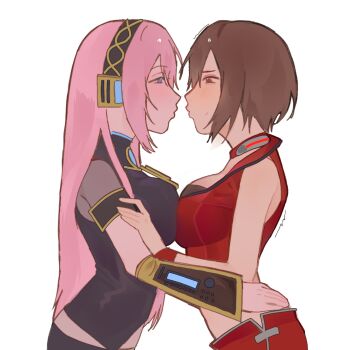 2girls black_shirt black_skirt blue_hair breast_press breasts brown_hair commentary cropped_jacket english_commentary from_side hands_on_another's_waist headset highres imminent_kiss jacket kaeyazhusband long_hair looking_at_another megurine_luka meiko_(vocaloid) midriff multiple_girls pink_hair red_jacket red_skirt see-through_clothes see-through_sleeves shirt short_hair signature simple_background skirt sleeveless sleeveless_jacket vocaloid white_background yuri