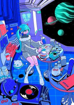 1girl aqua_hair bar_stool beverage_dispenser blue_eyes burger camera checkered_clothes checkered_jacket cup drinking_straw food fork grey_jacket hair_between_eyes highres holding holding_cup holding_fork industrial_pipe jacket knees_together_feet_apart looking_to_the_side menu nakazawa_ayami napkin neon_lights neon_palette original planet polaroid_photo salt_shaker sitting space stool twintails vinyl_record white_footwear