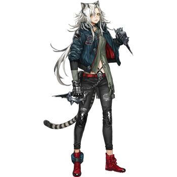 1girl animal_ears arknights bags_under_eyes belt black_choker black_gloves black_hair black_pants blue_jacket bomber_jacket boots breasts buckle chain choker denim dual_wielding facial_scar full_body gloves green_shirt hair_between_eyes holding indra_(arknights) infukun jacket jeans knee_pads long_hair looking_at_viewer multicolored_hair navel official_art open_clothes pants parted_bangs pouch red_boots scar scar_on_cheek scar_on_face scar_on_nose shirt sidelocks small_breasts solo striped_hair tachi-e tail third-party_source tiger tiger_ears tiger_girl tiger_tail torn_clothes torn_shirt transparent_background very_long_hair white_hair white_tiger yellow_eyes