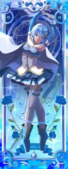 1girl arms_up blue_eyes blue_flower blue_footwear blue_hair blue_rose blue_skirt blue_sleeves cape detached_sleeves flower fortissimo framed full_body gloves hair_ornament highres leg_belt mahou_shoujo_madoka_magica miki_sayaka miki_sayaka_(magical_girl) momonokan09 musical_note musical_note_hair_ornament open_mouth outside_border pleated_shirt pleated_skirt rose shirt short_hair skirt sleeveless sleeveless_shirt solo thighhighs tiptoes white_cape white_gloves white_shirt white_thighhighs