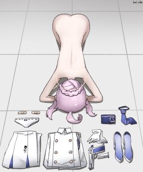 1girl absurdres ahoge apologizing armband artist_name ass bandaid blue_archive blue_armband blue_necktie clothes_on_floor completely_nude dogeza folded_clothes gloves gun halo handgun high_heels highres kai_xin kaya_(blue_archive) long_hair long_sleeves naked_dogeza necktie nude panties pink_hair prostration shirt shoes sidelocks skirt solo underwear weapon white_gloves white_panties white_shirt white_shoes white_skirt