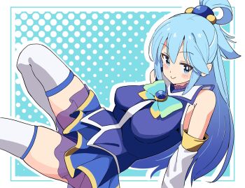 Rule 34 | 1girl, aqua (konosuba), blue background, blue eyes, blue hair, blue shirt, blue skirt, blush, bow, bowtie, breasts, commentary, detached sleeves, feet out of frame, green bow, green bowtie, hair ornament, hair rings, highres, knee up, kono subarashii sekai ni shukufuku wo!, long hair, lying, noyama takenoko, on back, shirt, single hair ring, skindentation, skirt, smile, solo, sphere hair ornament, thighhighs, two-tone background, white background, white sleeves, white thighhighs