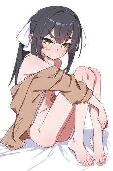 1girl akari_(raigou) ass black_hair highres long_hair nude original pointy_ears ponytail raigou simple_background skinny white_background yellow_eyes