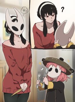 2girls ? absurdres anya_(spy_x_family) artist_name black_dress black_hair commentary cosplay dashi_(dashiart) dress eden_academy_school_uniform fork gold_trim half-closed_eyes hat highres holding holding_fork holding_spoon holding_weapon hollow_knight hollow_knight:_silksong hornet_(hollow_knight) hornet_(hollow_knight)_(cosplay) long_sleeves mask multiple_girls off-shoulder_sweater off_shoulder patreon_username pink_hair red_eyes red_sweater school_uniform sherma_(hollow_knight) sherma_(hollow_knight)_(cosplay) spoon spy_x_family sweater symbol-only_commentary watermark weapon web_address yor_briar
