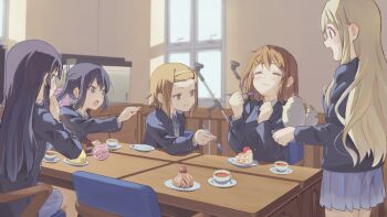 Rule 34 | 5girls, akiyama mio, black hair, black jacket, blazer, blonde hair, blue ribbon, brown eyes, cake, chair, closed eyes, closed mouth, cup, desk, fish tank, food, forehead, fork, fruit, grey jacket, hairband, hirasawa yui, ho-kago tea time, holding, holding fork, holding spoon, indoors, jacket, k-on!, kotobuki tsumugi, long hair, looking at another, microphone stand, multiple girls, nakano azusa, neck ribbon, on chair, plate, ribbon, sakuragaoka high school uniform, school uniform, shizupu, sitting, slice of life, smile, spoon, standing, strawberry, strawberry shortcake, tainaka ritsu, teacup, window, winter uniform, yellow hairband