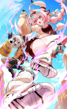 2girls absurdres ahoge animal_ears aqua_hair barbell bell bike_shorts braid breasts bright_pupils cow_ears cow_girl cow_horns cow_tail cowbell dark-skinned_female dark_skin detached_sleeves exercising falling fingerless_gloves flying_kick genshin_impact gloves green_eyes grey_hair hair_ornament hairband headband heart highres horns iansan_(genshin_impact) kicking leg_warmers long_hair multicolored_hair multiple_girls okkobc open_mouth orange_shirt outdoors pink_hair pointy_ears purple_eyes shirt shoes single_thighhigh skull skull_hair_ornament sneakers tail teeth thighhighs twin_braids twintails upper_teeth_only varesa_(genshin_impact) weightlifting white_leg_warmers yellow_sleeves