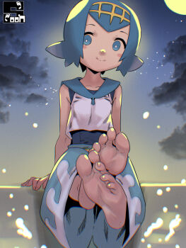 1girl barefoot blue_eyes blue_hair blue_one-piece_swimsuit blue_pants feet foot_focus lana_(pokemon) loli looking_at_viewer night nintendo one-piece_swimsuit pants pokemon pokemon_sm shirt short_hair sitting sleeveless sleeveless_shirt smile solo soon_(c-u-soon) splashing swimsuit swimsuit_under_clothes white_shirt