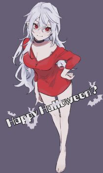 1girl arm_at_side barefoot bat_(animal) black_choker breasts choker cleavage closed_mouth collarbone cross cross_print ear_piercing from_above full_body genderswap genderswap_(mtf) grey_background hair_between_eyes hand_on_own_hip happy_halloween highres krmy03 large_breasts long_hair looking_at_viewer mole mole_on_collarbone mole_under_eye nijisanji piercing pointy_ears red_eyes red_shirt sanya_(2nd_costume)_(kuzuha) sanya_(kuzuha) shirt sidelocks simple_background single_bare_shoulder single_off_shoulder solo standing three-quarter_sleeves v-neck virtual_youtuber wavy_hair white_hair