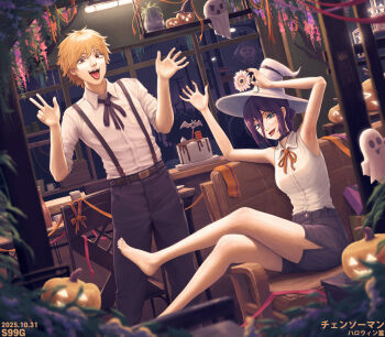 1boy 1girl absurdres armpits arms_up barefoot black_choker black_pants black_ribbon black_shorts blonde_hair bottle brown_eyes cake candle candlestand chainsaw_man chair choker cup denji_(chainsaw_man) flower food green_eyes hair_bun halloween hands_up hat highres holding holding_flower jack-o&#039;-lantern lantern mug neck_ribbon on_chair orange_ribbon pants purple_hair reze_(chainsaw_man) ribbon s99g sharp_teeth shirt shirt_tucked_in short_hair shorts sleeves_rolled_up suspenders teeth tongue tongue_out w white_flower white_hat white_shirt witch_hat