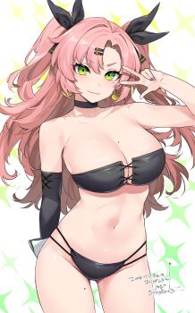 1girl bikini black_choker black_gloves black_ribbon breasts choker commission contrapposto cross-laced_bikini cross-laced_clothes elbow_gloves gloves green_eyes hair_ornament hair_ribbon hairclip highres large_breasts mitsuba_minoru mole mole_on_breast mole_under_eye multi-strapped_bikini_bottom nicole_demara pink_hair ribbon single_elbow_glove skeb_commission solo standing strapless strapless_bikini swimsuit two_side_up v v_over_eye zenless_zone_zero