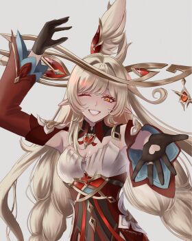 Rule 34 | 1girl, alice (genshin impact), black gloves, blonde hair, breasts, commentary, cowlick, detached sleeves, elf, gem, genshin impact, gloves, gold halo, halo, heart, heart-shaped gem, highres, long hair, looking at viewer, medium breasts, one eye closed, orange eyes, pointy ears, red sleeves, smile, symbol-only commentary, teeth, white background