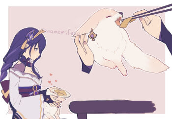 1girl artist_name blunt_bangs braid breasts bridal_gauntlets chopsticks cleavage clothing_cutout commentary_request fan_hair_ornament feeding flower_ornament food bad_tag genshin_impact hair_ornament holding holding_chopsticks incoming_food japanese_clothes kimono large_breasts light_blush long_braid looking_down mano_(m1n0f2e1) mole mole_under_eye multicolored_hair neck_ribbon off_shoulder pink_background purple_eyes purple_hair purple_kimono raiden_shogun red_ribbon red_sash ribbon sash shoulder_cutout single_braid streaked_hair table twitter_username yae_miko yae_miko_(fox) yuri