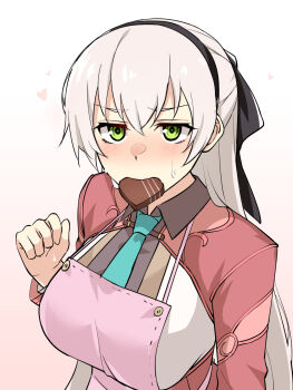 Rule 34 | ao no kiseki, apron, black hairband, blue necktie, blush, breasts, candy, chocolate, chocolate heart, commentary, double-parted bangs, eiyuu densetsu, elie macdowell, embarrassed, food, food in mouth, green eyes, hair between eyes, hairband, half updo, heart, heart-shaped food, highres, large breasts, long hair, long sleeves, looking at viewer, mizuno asami, necktie, pink apron, simple background, sweatdrop, untranslatable commentary, upper body, valentine, white background, white hair, zero no kiseki