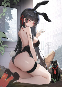 1girl absurdres alternate_costume animal_ear_hairband animal_ears ass back bare_shoulders black_hair black_hat black_leotard black_shoes breasts bright_pupils bubble99 chisa_(wuthering_waves) closed_mouth commentary_request fake_animal_ears from_side hair_ribbon hairband hand_up hat high_heels highres indoors korean_commentary large_breasts leotard long_hair looking_at_viewer looking_to_the_side playboy_bunny rabbit_ear_hairband rabbit_ears red_eyes red_ribbon ribbon shoes solo tacet_mark_(wuthering_waves) thigh_strap thighs very_long_hair w white_pupils wuthering_waves