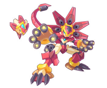 android armor biometal blazin'_flizard_(mega_man) blazin'_flizard_(mega_man)_(cosplay) blue_eyes cosplay full_body helmet legs_apart mega_man_(series) mega_man_zero_(series) mega_man_zero_3 mega_man_zx parody red_armor red_helmet simple_background standing style_parody ultimatemaverickx weapon white_background