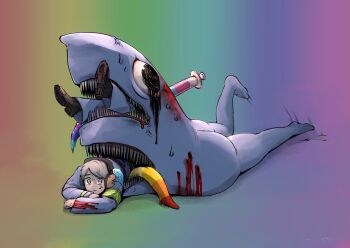 1other anger_vein armband black_eyes black_shoes blood bloodshot_eyes blue_jacket employee_(project_moon) gradient_background green_armband headphones highres jacket lobotomy_corporation long_sleeves nugget_(project_moon) open_mouth project_moon sharp_teeth shoes syringe teeth the_dreaming_current yatsumeunagi