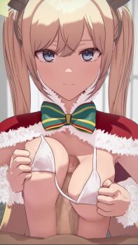 1boy 1girl 3d akehi_yuki animated bikini blonde_hair bow bowtie breasts capelet censored clenched_hands expressionless fur-trimmed_capelet fur_trim green_bow green_bowtie hetero long_hair looking_at_viewer medium_breasts miyo_(akehi_yuki) mosaic_censoring original paid_reward_available paizuri paizuri_under_clothes penis pov pov_crotch red_capelet solo_focus swimsuit tagme upper_body video white_bikini