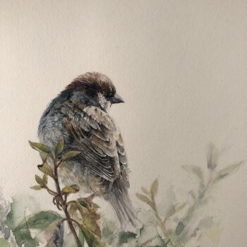 animal bird branch brown_background eurasian_tree_sparrow highres leaf mouen_tw no_humans original painting_(medium) plant realistic sparrow traditional_media watercolor_(medium)