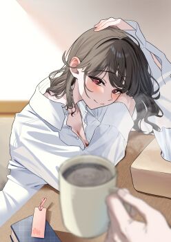 1girl blush book borrowed_clothes breasts brown_hair cleavage closed_mouth coffee coffee_mug collared_shirt commentary cup goddess_of_victory:_nikke highres holding holding_cup ito_(ito577) long_hair long_sleeves looking_at_viewer mug pov pov_hands red_eyes sakura_(nikke) shirt smile table tissue_box upper_body white_shirt