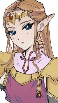 1girl blonde_hair blue_eyes earrings jewelry long_hair looking_at_viewer nintendo orange_hair pauldrons pointy_ears portrait princess_zelda shoulder_armor sketch solo the_legend_of_zelda the_legend_of_zelda:_ocarina_of_time tiara upper_body white_background yamori_(yamoooon21)