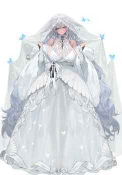 1girl absurdly_long_hair absurdres alternate_costume animal_ears artist_name azur_lane bare_shoulders blue_butterfly blue_eyes bow breasts bridal_veil bride bug butterfly choker cleavage closed_mouth dark-skinned_female dark_skin dishwasher1910 double-parted_bangs dress empire_waist facing_viewer floppy_ears fox_ears fox_girl full_body garter_straps gown grey_hair halter_dress halterneck hands_up highres insect large_breasts layered_dress long_hair long_sleeves long_veil looking_at_viewer looking_to_the_side mandarin_collar no_tail parted_lips see-through_clothes see-through_dress see-through_veil shawl shinano_(azur_lane) sideboob simple_background smile solo standing tan translucent veil very_long_hair w_arms waist_bow wedding_dress white_background white_bow white_choker white_garter_straps white_shawl