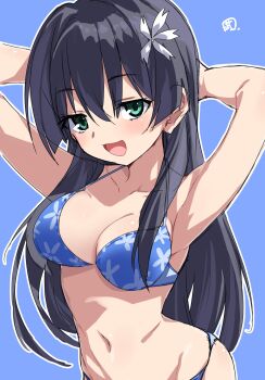 1girl :d armpits arms_behind_head bikini black_hair blue_background blue_bikini blue_eyes breasts cleavage flower hair_flower hair_ornament half-closed_eyes highres large_breasts long_hair looking_at_viewer navel open_mouth saten_ruiko seductive_gaze seductive_smile signature smile smug solo swimsuit take_shinobu toaru_kagaku_no_railgun toaru_majutsu_no_index