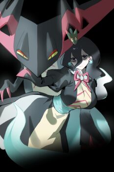 1girl 2others alternate_color aqua_corset aqua_skin bags_under_eyes black_eyes black_hair breasts chevron_(symbol) colored_sclera colored_skin corset dragapult dragon dreepy dress earrings floating gen_8_pokemon ghost ghost_tail gradient_skin green_dress hair_between_eyes half-closed_eyes hex_maniac_(pokemon) hex_maniac_(pokemon_legends:_z-a) jewelry large_breasts large_earrings long_hair long_sleeves multiple_others nintendo pink_claws pink_ribbon pokemon pokemon_(creature) pokemon_legends:_z-a puffy_long_sleeves puffy_sleeves purple_eyes raine_(acke2445) raised_inner_eyebrows ribbon sphere_earrings yellow_sclera