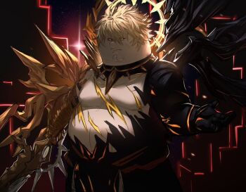 1boy armor blonde_hair cleft_chin family_guy fat fat_man halo holding holding_sword holding_weapon honkai:_star_rail honkai_(series) kowai_(iamkowai) looking_at_viewer male_focus peter_griffin phainon_(honkai:_star_rail) phainon_(khaslana)_(honkai:_star_rail) short_hair shoulder_armor solo sword weapon yellow_eyes yellow_halo