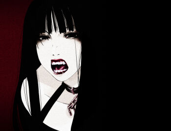 1girl black_choker black_eyes black_hair chain choker collarbone colored_skin commentary_request lips long_hair looking_at_viewer mr.romance open_mouth original red_background solo static teeth upper_body white_skin