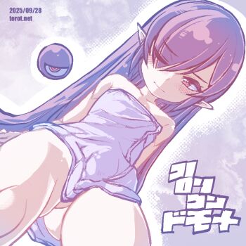 1girl backbeako_(torotei) backbeard bare_shoulders black_hair blush breasts closed_mouth commentary covered_erect_nipples cowboy_shot dated dated_commentary dutch_angle gegege_no_kitarou hair_down hair_over_one_eye kono_lolicon_domome light_frown loli long_hair looking_at_viewer naked_towel one_eye_closed original paid_reward_available pointy_ears red_eyes simple_background sitting small_breasts solo torotei towel towel_around_waist translated very_long_hair watermark web_address