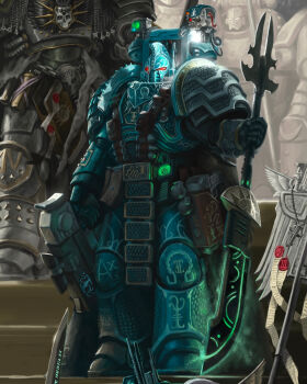 5boys alpha_legion alpha_symbol alternate_universe armor blue_armor death_guard grey_armor highres holding holding_polearm holding_weapon kim_chan luna_wolves male_focus multiple_boys pelvic_curtain polearm warhammer_40k weapon