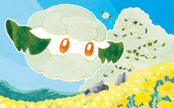 blue_sky cottonee creature day floating flower full_body gen_5_pokemon nintendo no_humans official_art outdoors outline pokemon pokemon_(creature) pokemon_tcg sky third-party_source uratsuka_ryouma white_outline