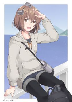 1girl backpack bag black_pantyhose brown_eyes brown_hair denim denim_skirt feet_out_of_frame grey_sweater headgear highres hood hooded_sweater hoodie kantai_collection ocean official_alternate_costume outdoors pantyhose radar_hair_ornament seaside short_hair skirt smile solo speaking_tube_headset sweater taira_yuuki yukikaze_(kancolle) yukikaze_(kure_2019)_(kancolle)