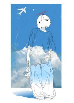 Rule 34 | 1girl, absurdres, ahoge, aircraft, airplane, angel, baggy pants, blue sky, border, chewchewer, closed mouth, cloud, colored skin, crescent moon, detached ahoge, full body, gradient pants, halo, highres, holding, holding umbrella, long shirt, looking to the side, microsoft paint (medium), moon, motion lines, nyan (chewchewer), original, pants, red halo, see-through clothes, see-through shirt, shirt, shoes, sky, solo, standing, umbrella, white border, white hair, white skin