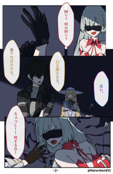 Rule 34 | 1boy, 3girls, absurdres, adjusting clothes, adjusting gloves, bare shoulders, black gloves, black hair, black jacket, blindfold, blue sash, closed eyes, commentary, english commentary, glove pull, gloves, grey hair, grey shirt, hat, highres, jacket, long hair, looking at another, male rover (wuthering waves), multiple girls, phoebe (wuthering waves), phrolova (wuthering waves), reaching, reaching towards another, rover (wuthering waves), ryeon (naturesan), sash, shirt, translation request, twitter username, white hat, wuthering waves, yellow eyes, zani (wuthering waves)