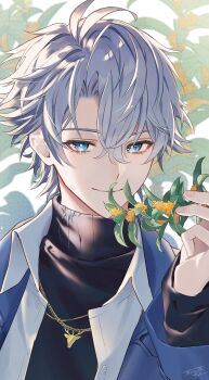 1boy absurdres antenna_hair black_sweater blue_coat blue_eyes closed_mouth coat crossed_bangs gold_necklace grey_hair hair_between_eyes hand_up highres honkai:_star_rail honkai_(series) jewelry looking_at_viewer male_focus necklace official_alternate_costume open_clothes open_coat open_shirt parted_bangs phainon_(honkai:_star_rail) phainon_(luckin_coffee)_(honkai:_star_rail) shirt short_hair smile solo sweater turtleneck turtleneck_sweater white_shirt xxchicoxxf yellow_pupils