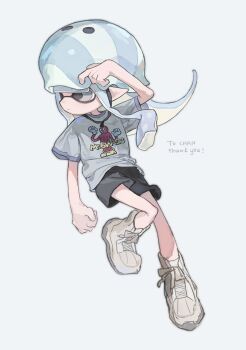 Rule 34 | 1girl, 1n0chi, black eyes, black shorts, blue hair, blue helmet, blunt bangs, boots, clenched hand, closed mouth, commentary request, expressionless, full body, grey boots, grey shirt, hand on headwear, hand up, helmet, highres, inkling, inkling girl, inkling player character, long hair, looking to the side, nintendo, pointy ears, ringed eyes, shirt, short sleeves, shorts, sidelocks, solo, splatoon (series), striped clothes, striped headwear, t-shirt, tentacle hair, white helmet, wide sleeves