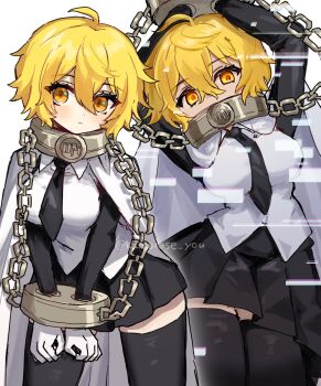 1girl :| ahoge arms_up black_necktie black_skirt black_sleeves black_thighhighs blonde_hair blush_stickers breast_press breasts cape chain closed_mouth collar collared_shirt commentary_request cowboy_shot cuffs-to-collar don_quixote_(project_moon) empty_eyes glitch gloves glowing glowing_eyes hair_between_eyes highres index_(identity)_(project_moon) limbus_company long_sleeves looking_at_viewer medium_breasts messy_hair metal_collar miniskirt multiple_views necktie number_tattoo orange_eyes pleated_skirt project_moon ro/ku scarf shirt short_hair simple_background skirt sleeves_past_wrists standing tattoo thighhighs twitter_username white_cape yellow_eyes zettai_ryouiki